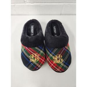 Ralph Lauren Faux Fur Trim Plaid Twill Logo Slippers, Sz Sm (5-6) In Black Multi